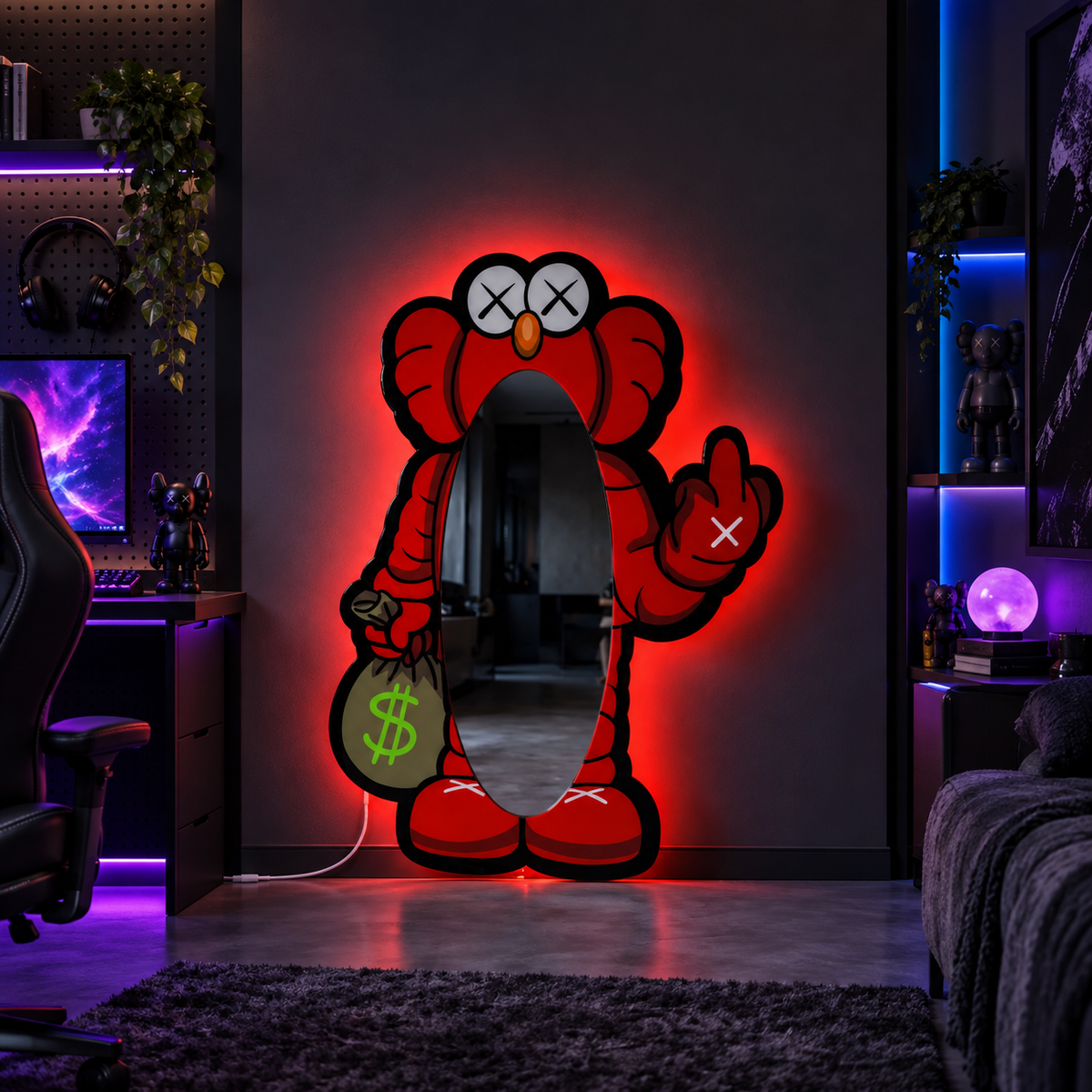Espejo Elmo Kaws en setup gamer