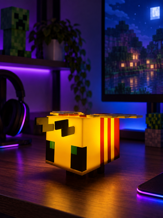 Lámpara Abejita Minecraft en ambiente gamer