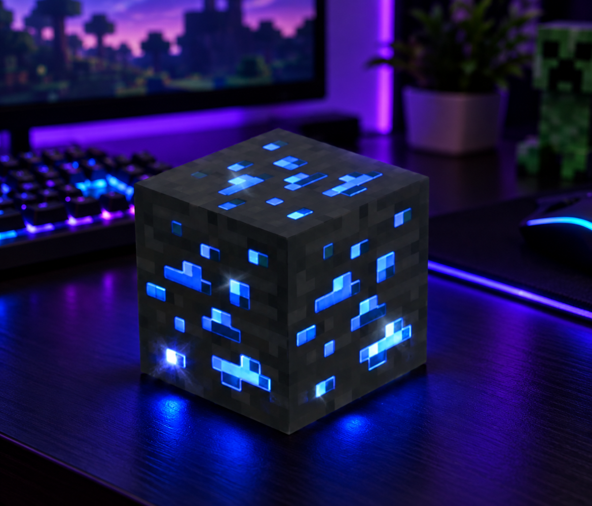 Lámpara Cubo Minecraft en ambiente gamer