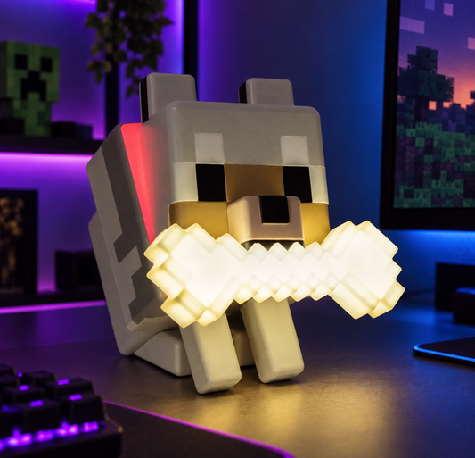 Lámpara Lobo Minecraft en ambiente gamer