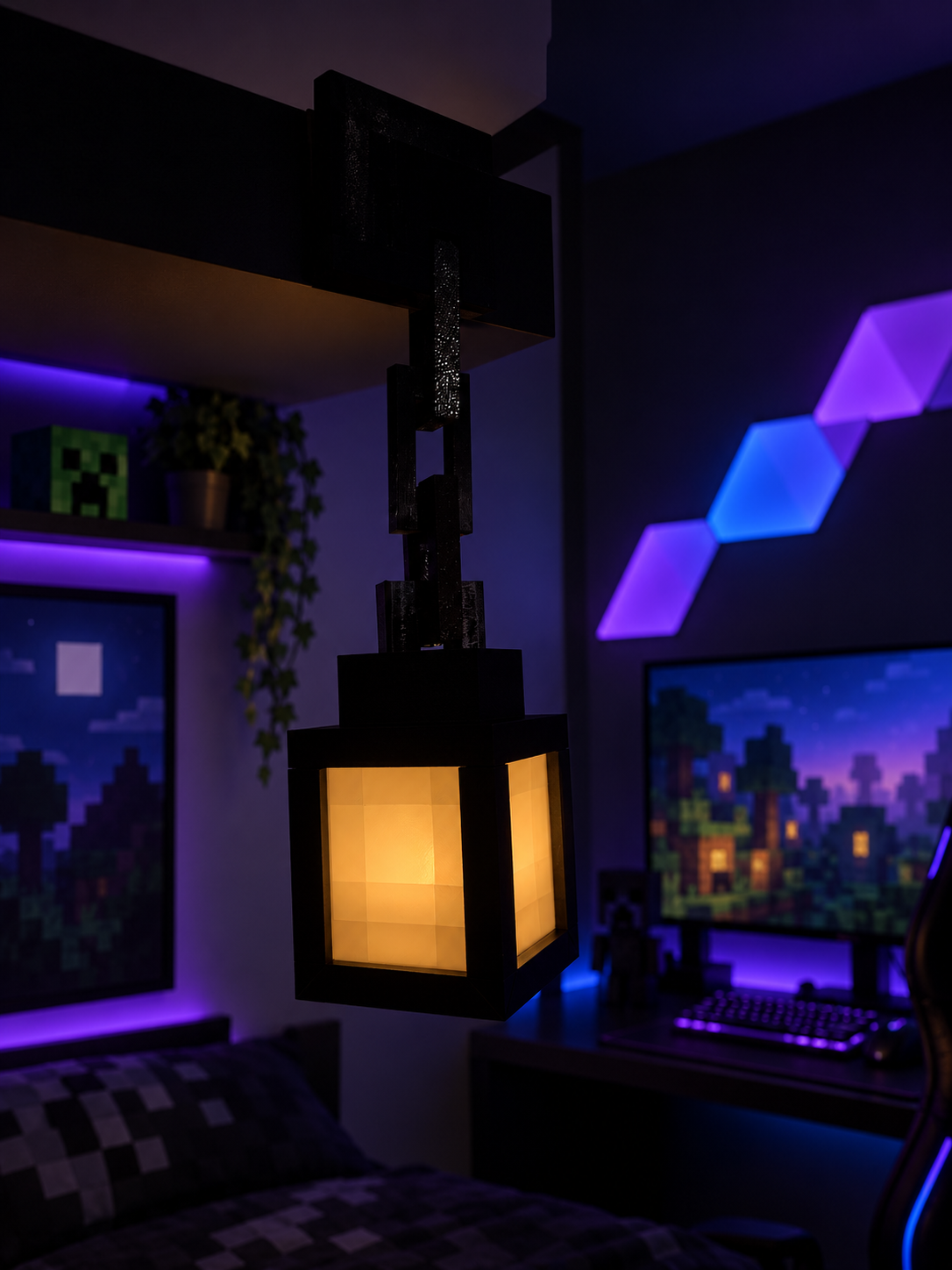 Lámpara Minecraft Colgante en ambiente gamer